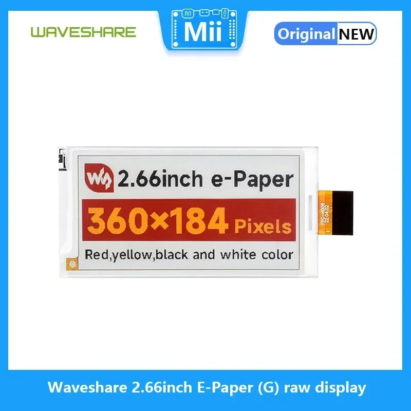 

Waveshare 2.66inch E-Paper (G) raw display for Raspberry Pi, 360x184, Red/Yellow/Black/White, SPI Communication