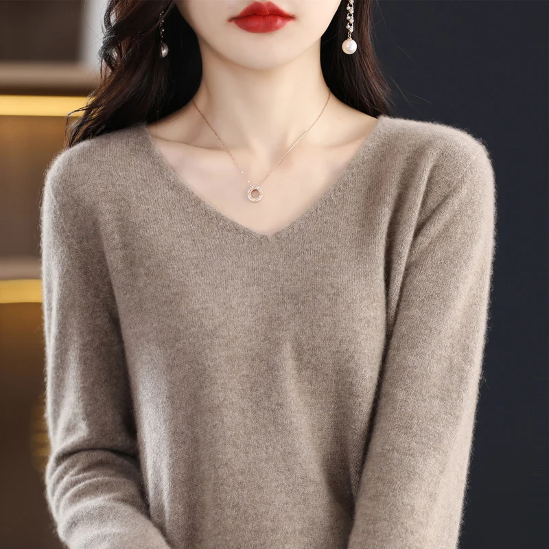 New cashmere sweater women\'s sweater in autumn and winter 100% Merino wool knitted V-neck pullover solid color fashion loose top