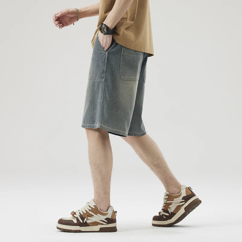 ผู้ชายฤดูร้อน DENIM กางเกงขาสั้นสินค้าหลวม Fit ขาตรง Distressed ล้างความยาวกลาง Casual VINTAGE กางเกงขาสั้นหลายกระเป๋า