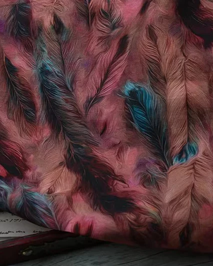 

1yard High end Ramie cotton blend fabric for dress Feather digital printing tela Colorful shirt cheongsam matirial fabric