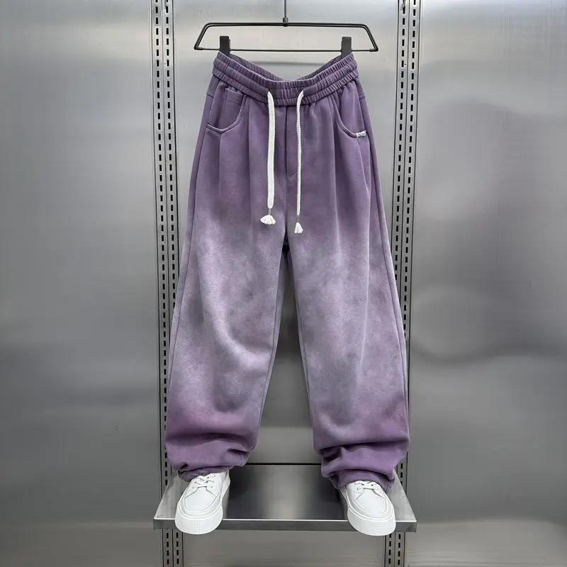 American autumn and winter gradient color plus fleece casual pants men's fashion brand wide leg pants youth loose sag fat pants