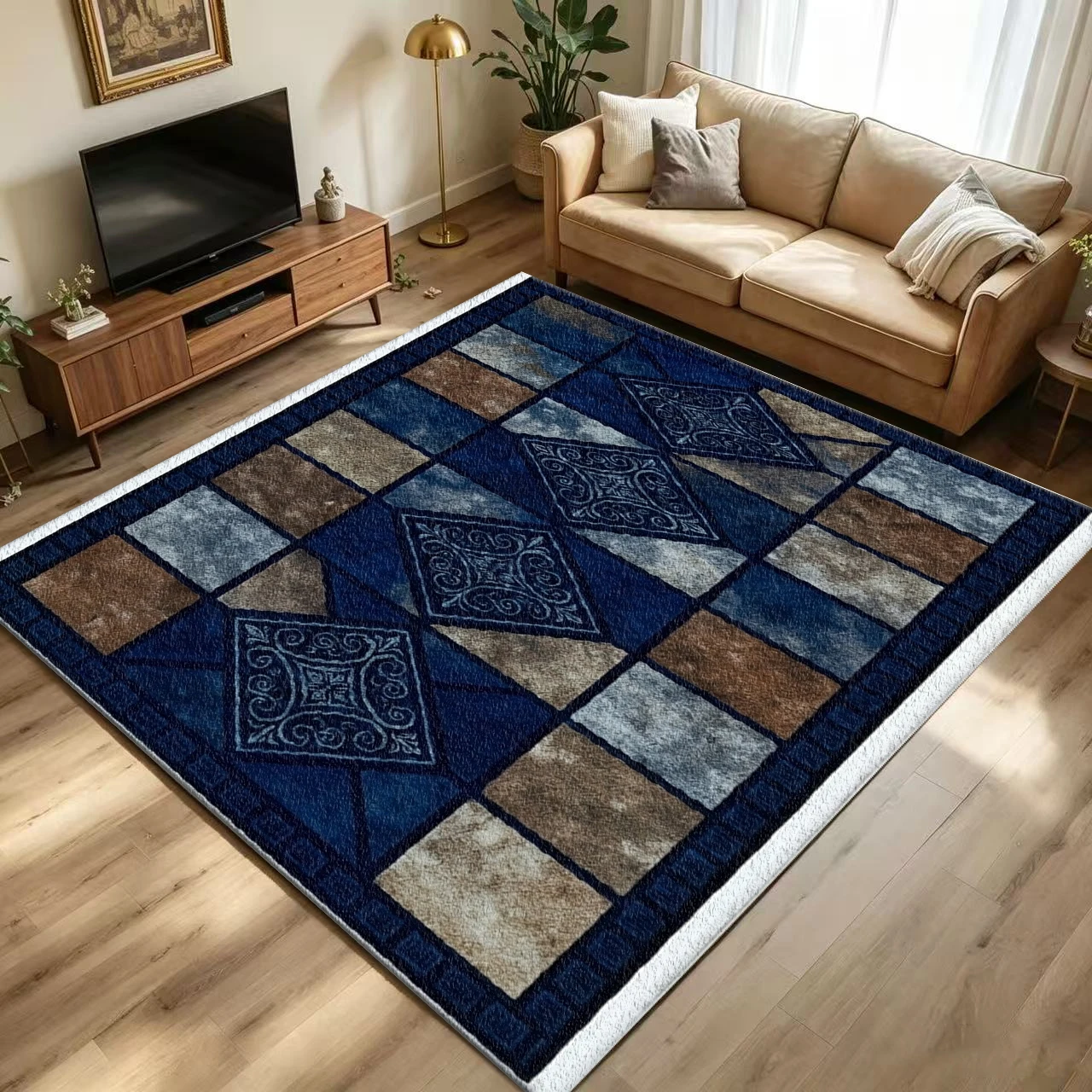Blue Brown Vintage Diamond Tile Geometric Area Rug Non Slip Washable Traditional Living Room Floor Mat
