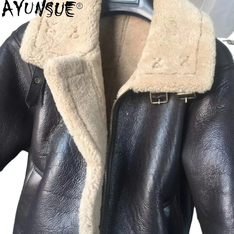 AYUNSUE Leather Fur Coat Men Original Sheepskin Fur All-in-one Outwear Men's Clothes Thick Winter Casual Flight Suit Jaqueta Ins