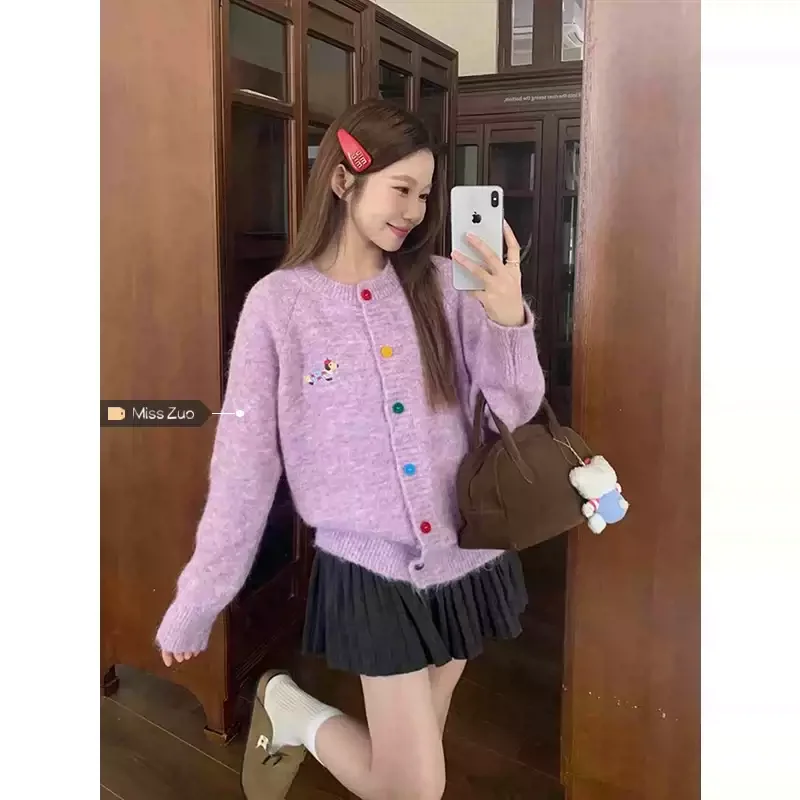 Gaganight Women O neck Korean Chic Early Autumn Simple Sausage Dog Sweater 2024 Autumn New Multi color Color Knitted Cardigan