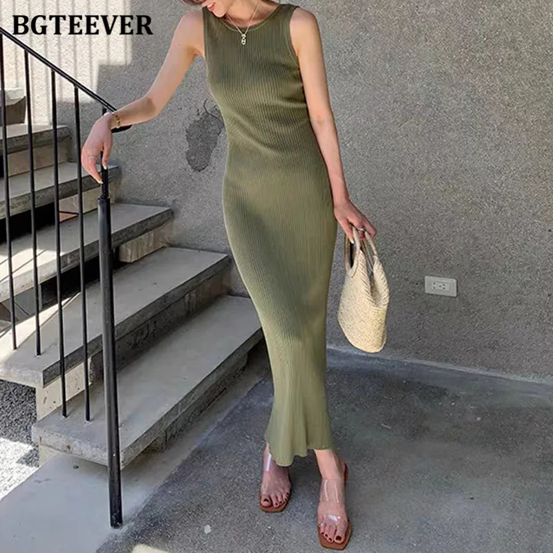 BGTEEVER Sleeveless Knitting Women\'s Dress Summer Slim Stretched Bodycon Dress Ladies Backless Sexy vestidos femme