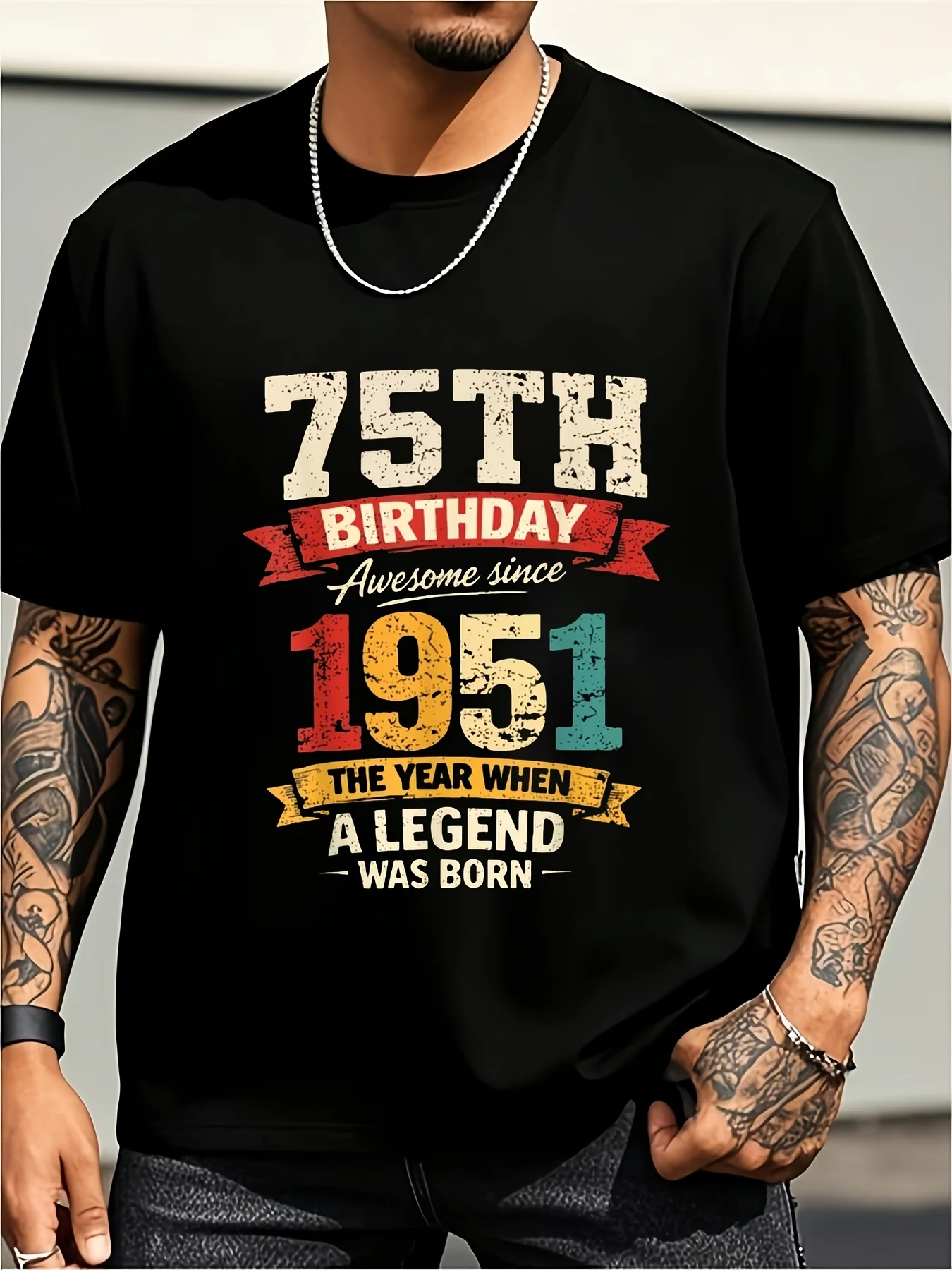 75Th Birthday T-Shirt, Retro 1951 Theme, Round Neck Casual Shirt, Suitable for Those over 75, Machine Washable, Designed as a Gift for Those Born in 1951, Oversized Retro Casual Round Neck Printed T-Shirt, Unisex