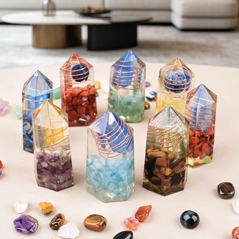 1PC Resin Natural Crystal Point Quartz Wand Healing Stone Meditation Pyramid Home Decoration Reiki Energy Chakra Tower Gift