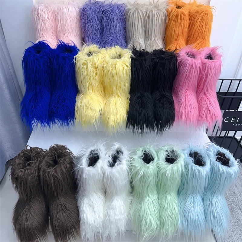 New Fashion Mongolia Fur Woman Snow Boots Rainbow  Lady Winter Boots Warm Boots Women Boots Shoes Bottes de neige femmes