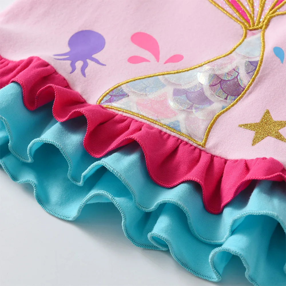 Mädchen Meerjungfrauen-Outfit-Set: Kinder Rüschen-Kurzarm-Baumwoll-Freizeit-Tops und Polyester-Shorts, 2-teiliges Set – Detail 7