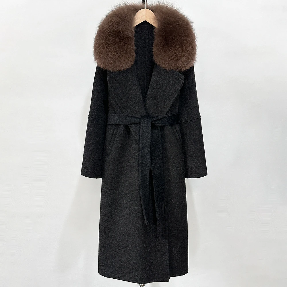 OFYBUY Modischer Warmer Wollmantel mit Echtfuchspelzkragen, Neue Herbst-Winter-Langkleidung für Damen, Eleganter Wollmantel mit Gürtel für Frauen – Detail 14