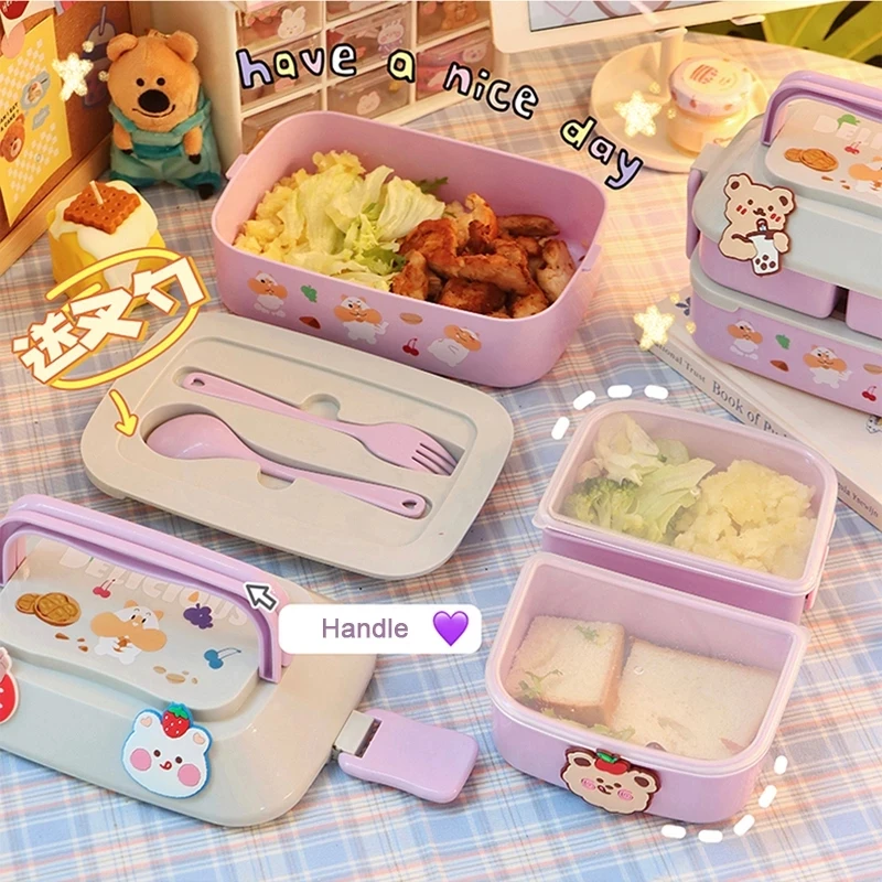 Cute Lunch Box Portable Double-layer Microwave Food Plastic Picnic Bento Box For Girls School Kids Compartment Insulation Box