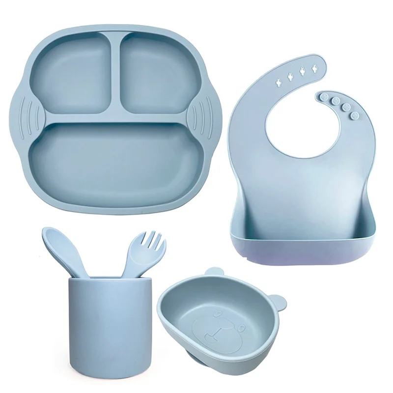 6Pcs Silicone Baby Feeding Set, Toddler Utensils, Baby Bowls with Suction Toddler Bowls Set Dishwasher Safe Gray Blue