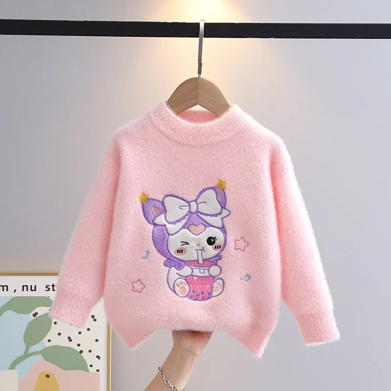 Miniso Sanrio Kuromi Girls Sweaters 2024 Autumn Winter Children Cartoon Pullover Teenagers Knit Sweater Plush Thicked Sweater