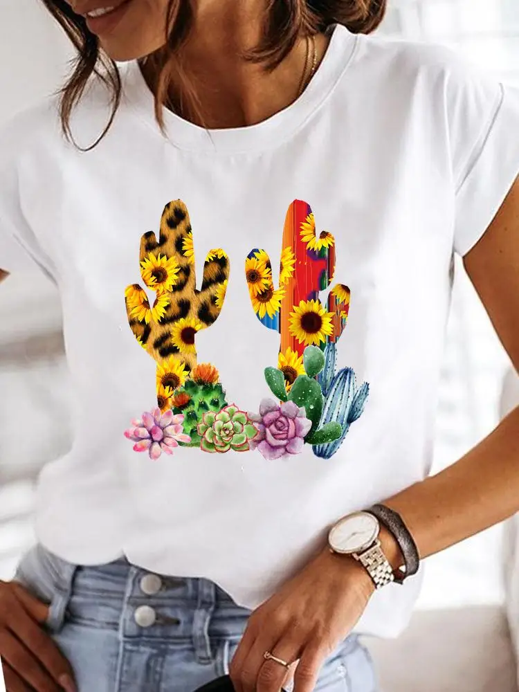 Cactus suculento feminino planta estampada camiseta de manga curta, tops femininos da moda, camiseta Harajuku