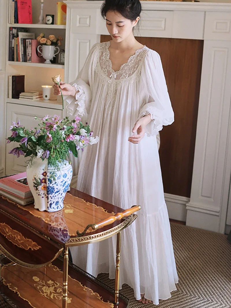 Women Spring Autumn Vintage Cotton Fairy Nightgowns Long Sleeve Lace Nightdress Victorian Night Dress Princess Sleepwear