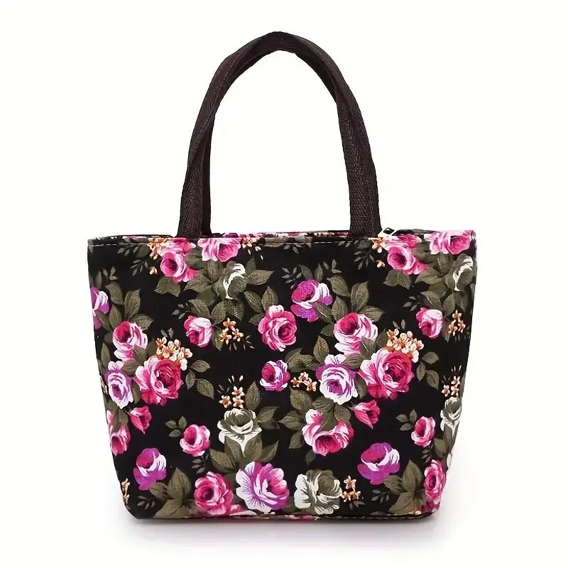 Mini Floral Print Handbag,Flower Embroidery Canvas Tote Bag, Ethnic Style Shoulder Bag, Large Capacity Handbag For Women