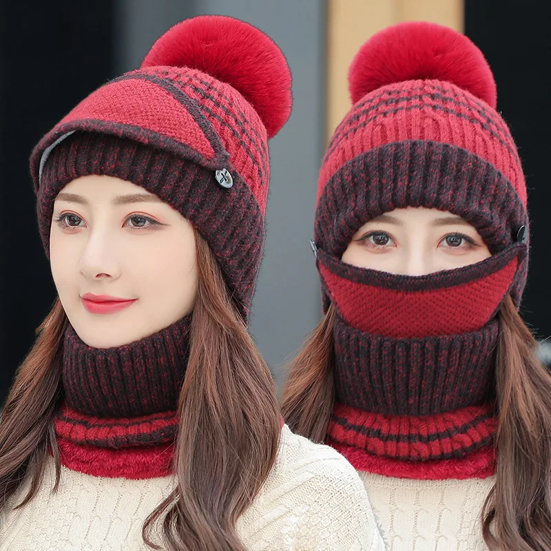 

3 Piece Set Women Skull Beanie Snow Ski Hat Neck Circle Scarf Face Mask Balaclavas Winter Knit Fleece Cap Cold Weather