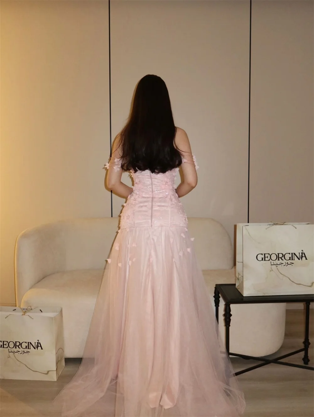 Bella Customized Off-the-shoulder  3D floral Tulle Wedding guest dress Evening dresses A-line Floor-length Blush pink Prom dress