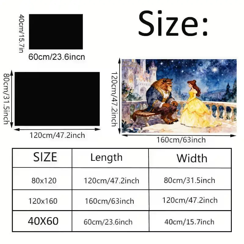 1PC Disney Beauty and the Beast Belle & Beast Romantic Castle Starry Night Watercolor Art Non-Slip Floor Mat, Washable Princess