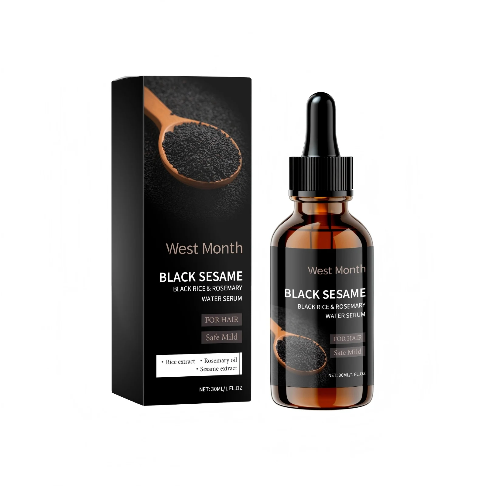 West Month Hair Growth Serum Black Rice Rosemary for Hair Loss Treatment Bald Head Hair Regrowth Black Sesame Seeds Essence 30ml