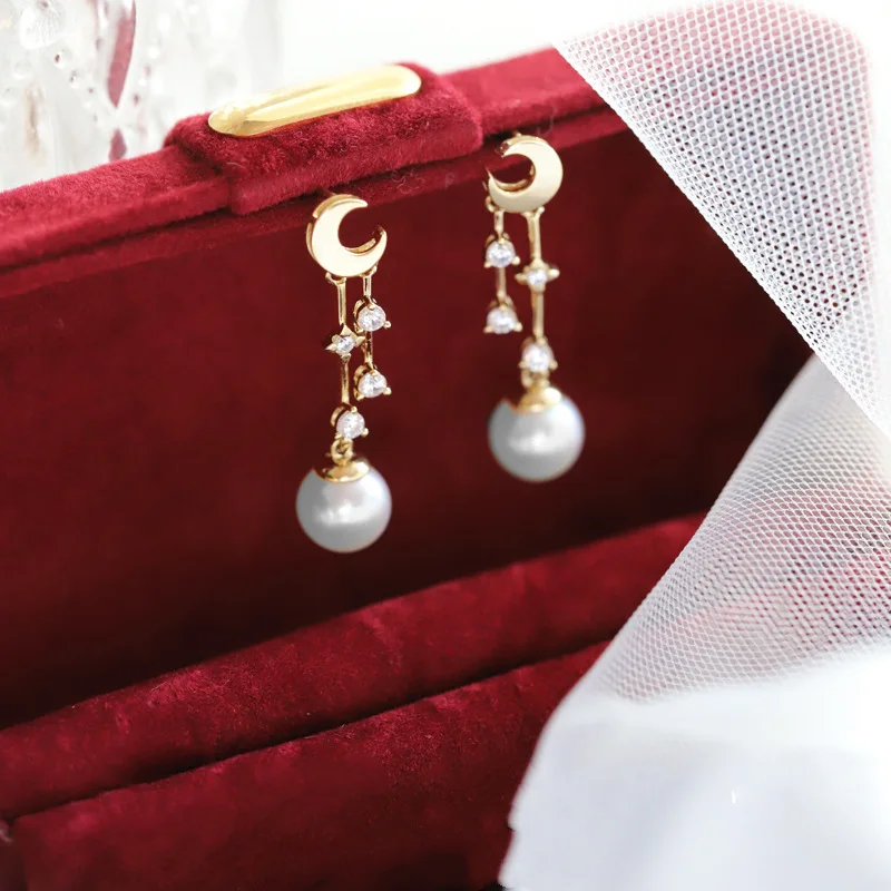 

Original Real 925 Sterling Silver 14k Gold Moon Pearl Tassel Stud Earrings For Women Luxury Jewelry Accessories Jewellery