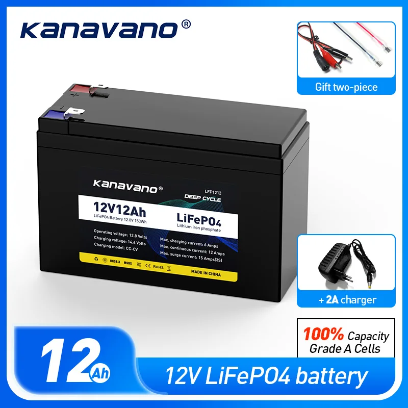 Kanavano Rechargeable LiFePO4 Battery Pack 12V 12Ah Built-in 4S BMS For Led Lighting Devices Household Appliances + 2A Charger