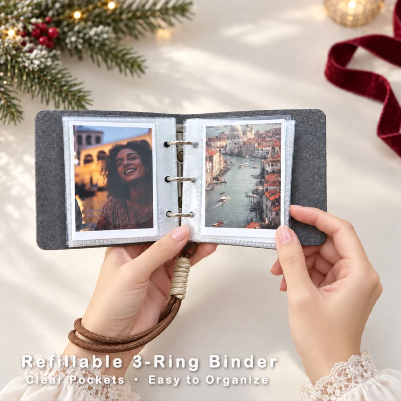 Mini Photo Album With Wrist Strap Red Green Stripe Snowflake Print 3 Inch Instant Picture Storage Book Xmas Holiday Gift