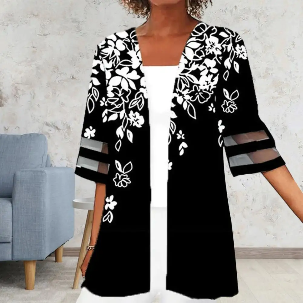 Women Cardigan Women Cardigan Vintage Mesh Patchwork Mid Length Jacket for Women Floral Print Half Sleeves Open Stitch A Stylish