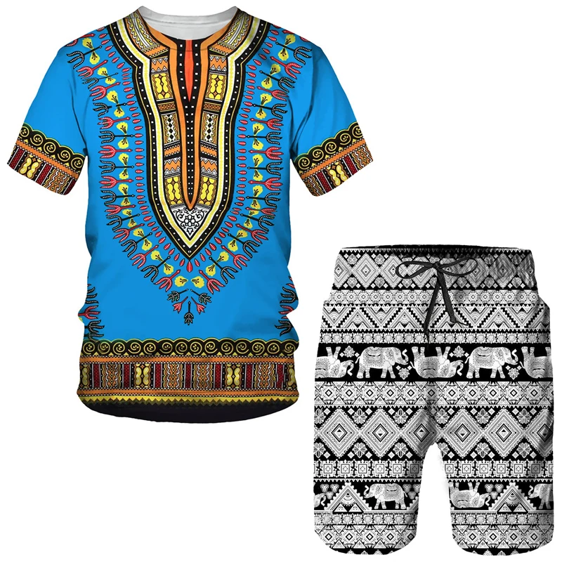 Men\'s African 3D Print Set Summer Casual Dashiki Suits Outfits Vintage Style T Shirts +Shorts Traditional Wear Male Tracksuit