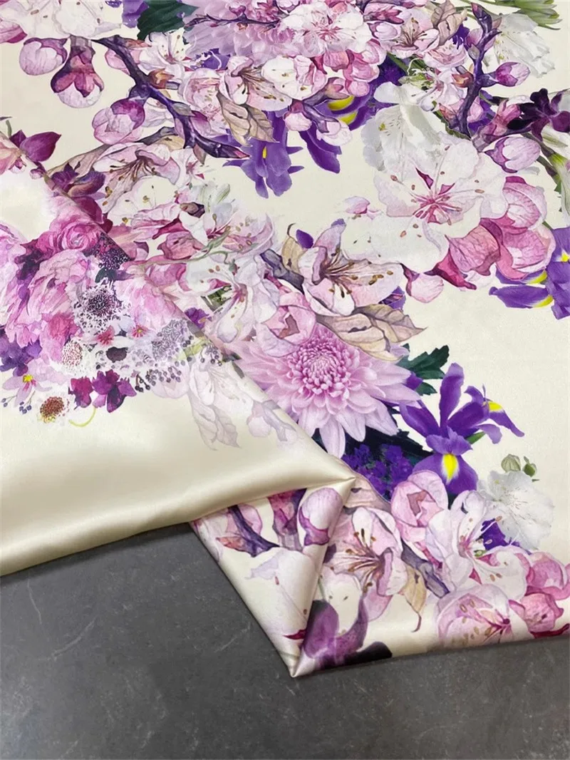 Width 112cm 40 Mm Classic Luxury Brand Printed Violet Mulberry Silk Fabric Dress Clothing Heavyweight Satin Natural Silk Fabric