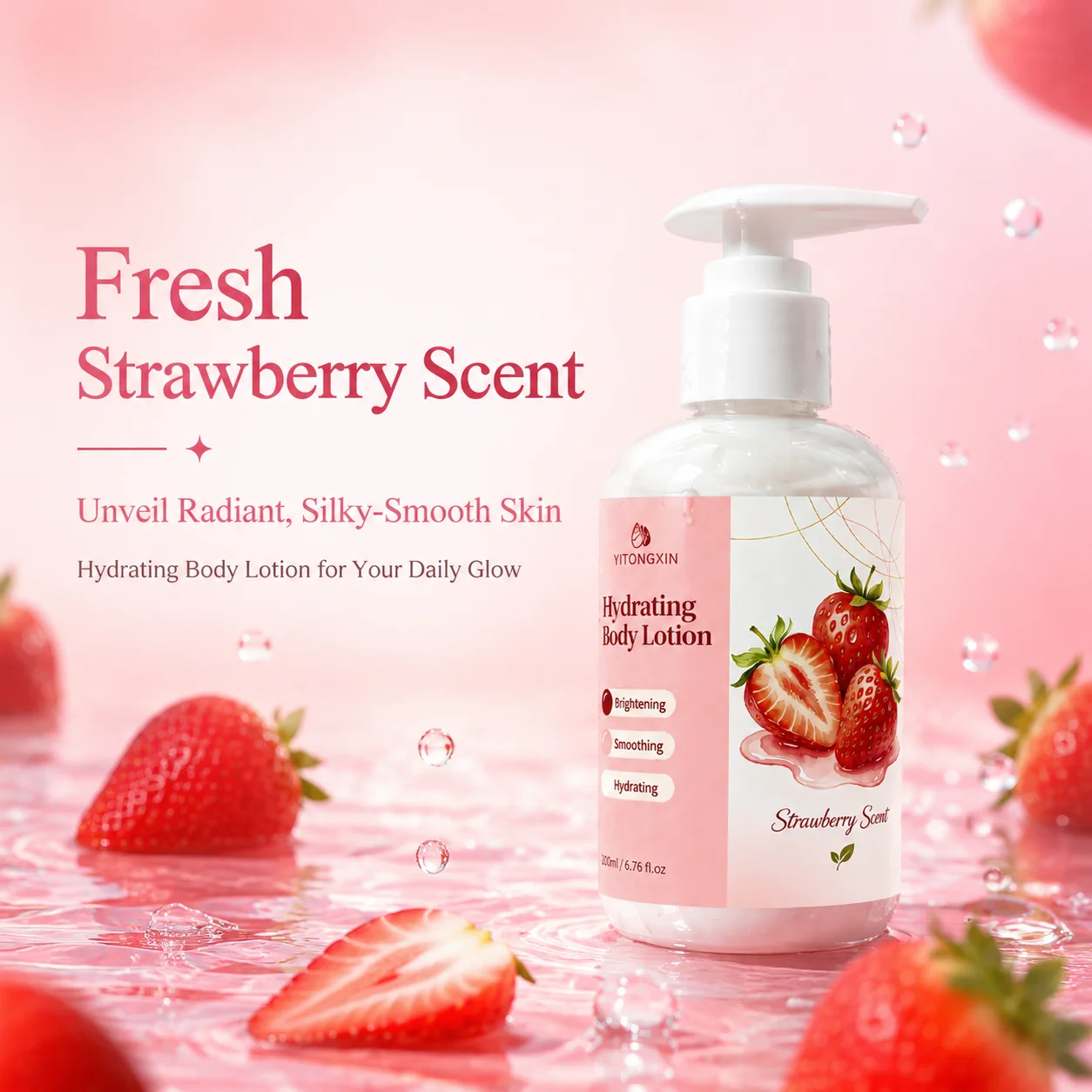 Strawberry Scent Body Lotion, Fast Absorbing Niacinamide Moisturizer, Smoothing Daily Skincare for Dry Skin
