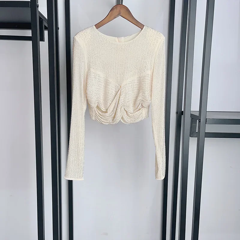 2024 Women Spring/Summer New Ivory White Beaded Cross-waist Round Neck Slim-fit Blouse Top