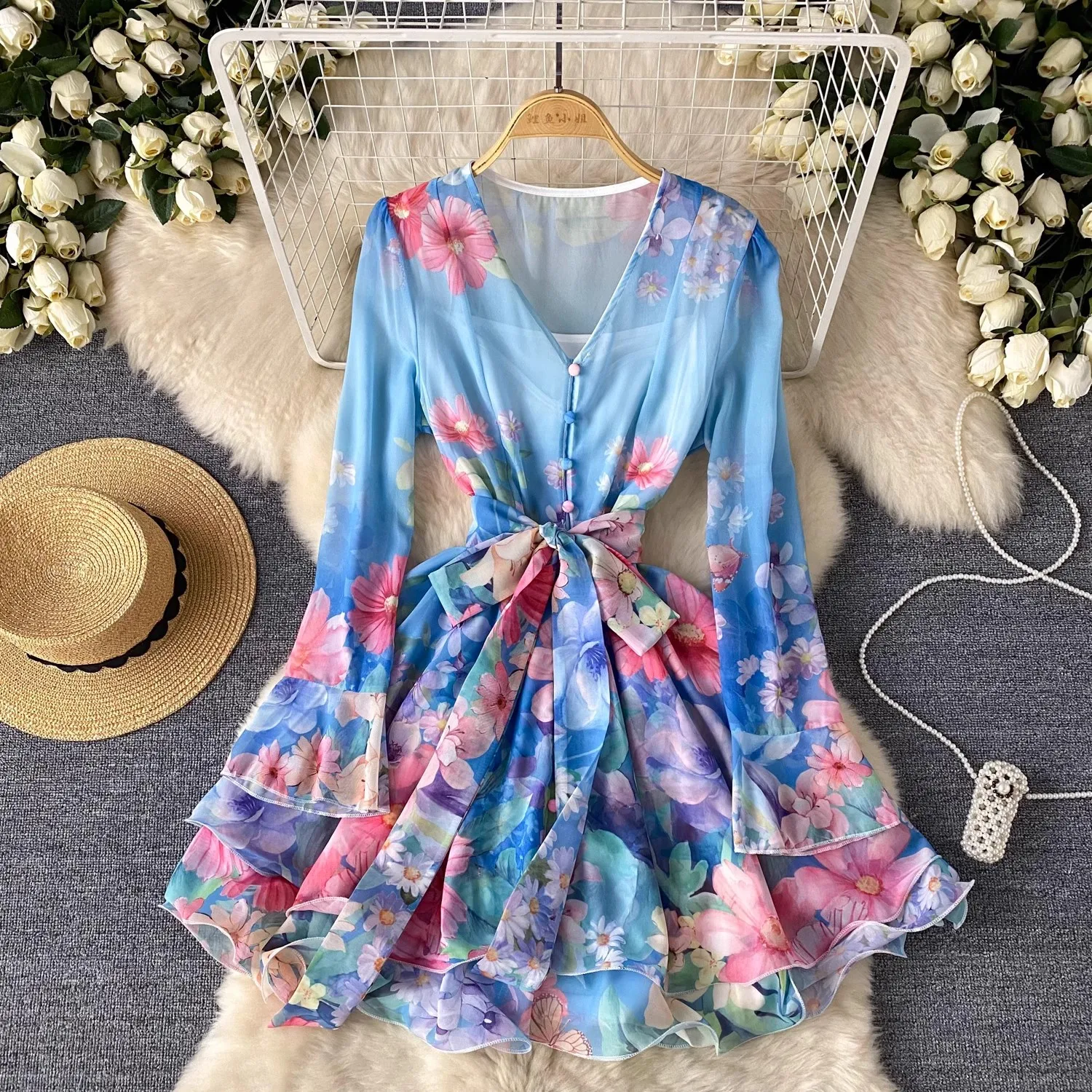 Elegant Sexy Print V-neck Long Sleeves Bandage Slip Dress Fairy A-line Summer Beach Vacation Slim Women Evening Party Dress 2083