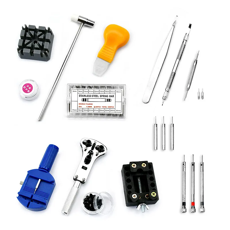 

Professional watch repair tool set includes 360 spring rods, waterproof paste, fixed seat, punch pin, and DIY meter opener