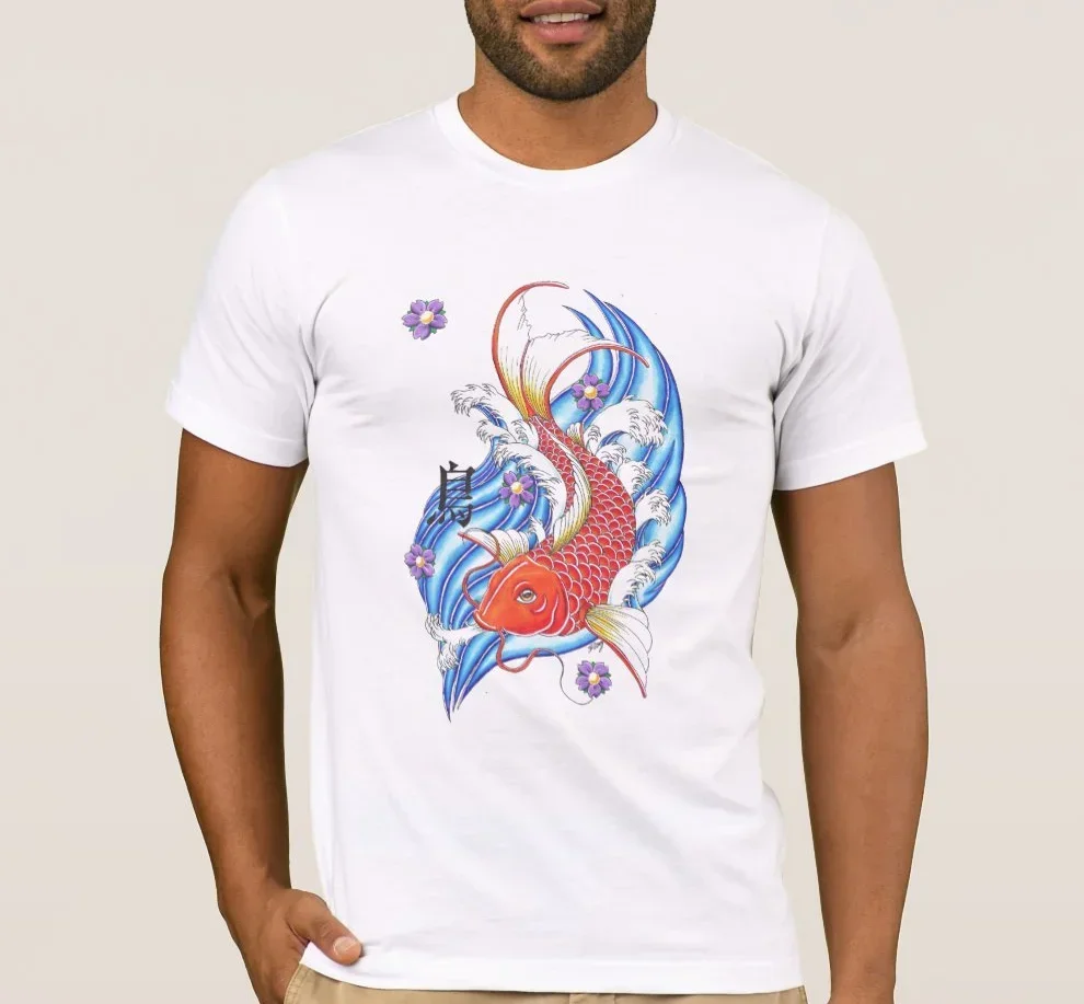 Summer cotton short sleeve koi fish O-neck men's printed T-shirt with flowers and water, symbol-fish get water brand new T-shirt