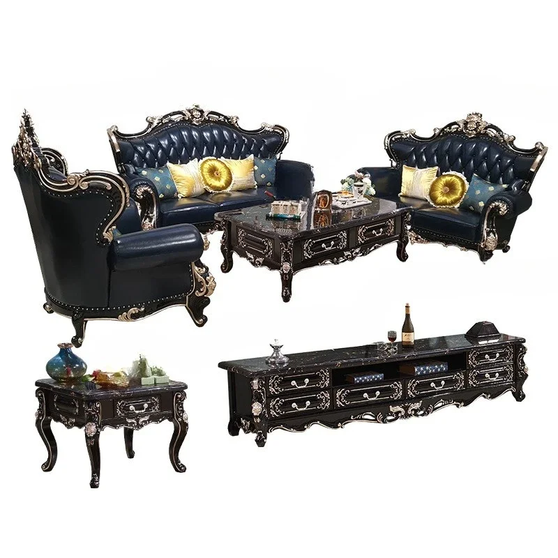 European leather sofa living room combination European and American ebony luxury solid wood set whole house high-end full set