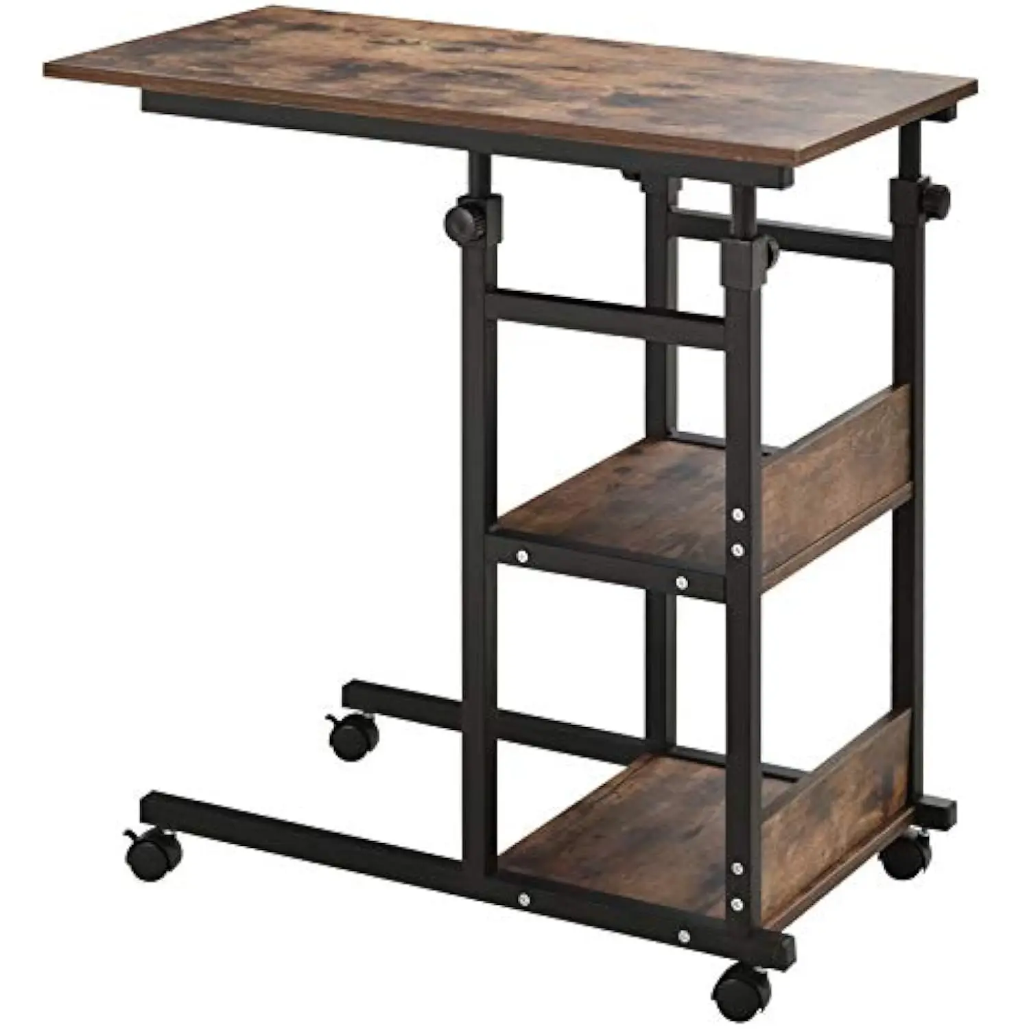 

Industrial C-Shaped Mobile Rolling Sofa Side Table with 3-Tier Storage Shelving, Adjustable Height, & Wheels