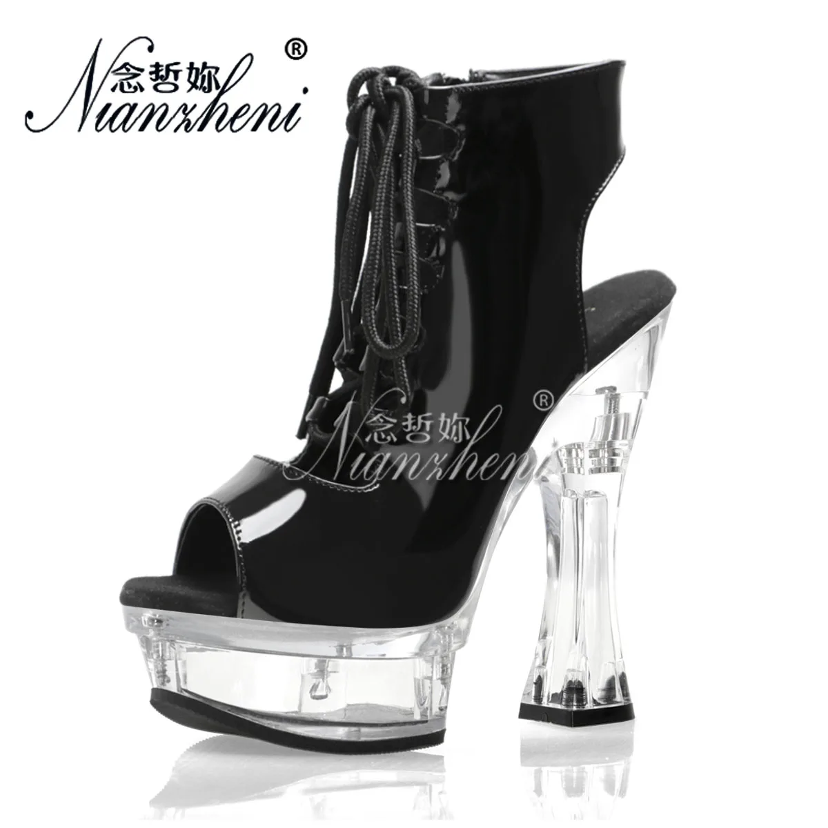 

Ботильоны на массивном каблуке 14 см, черные, экзотические, сексуальные, больших размеров, для кроссдрессеров, стриптизеров, готические, для подиума, гладиаторские, фетиш