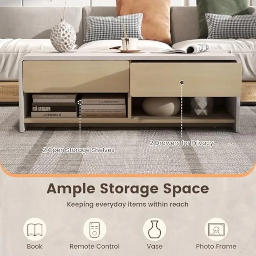 Mesa de centro com gavetas de armazenamento, mesa de chá coquetel moderna de 43 polegadas com 2 compartimentos, mesa central retangular de madeira