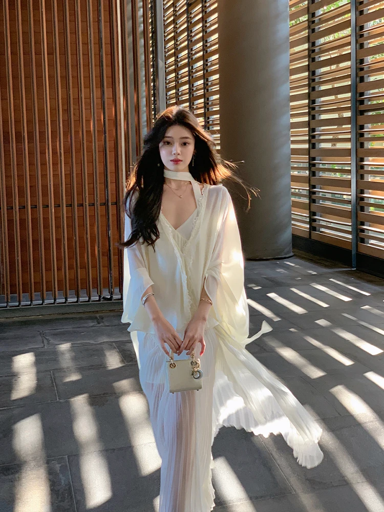 

ByYou Summer New White Lace Splicing Chiffon Open Cardigan Women's Thin Sun Protection irt Outerwear Loose Fit Long Sve