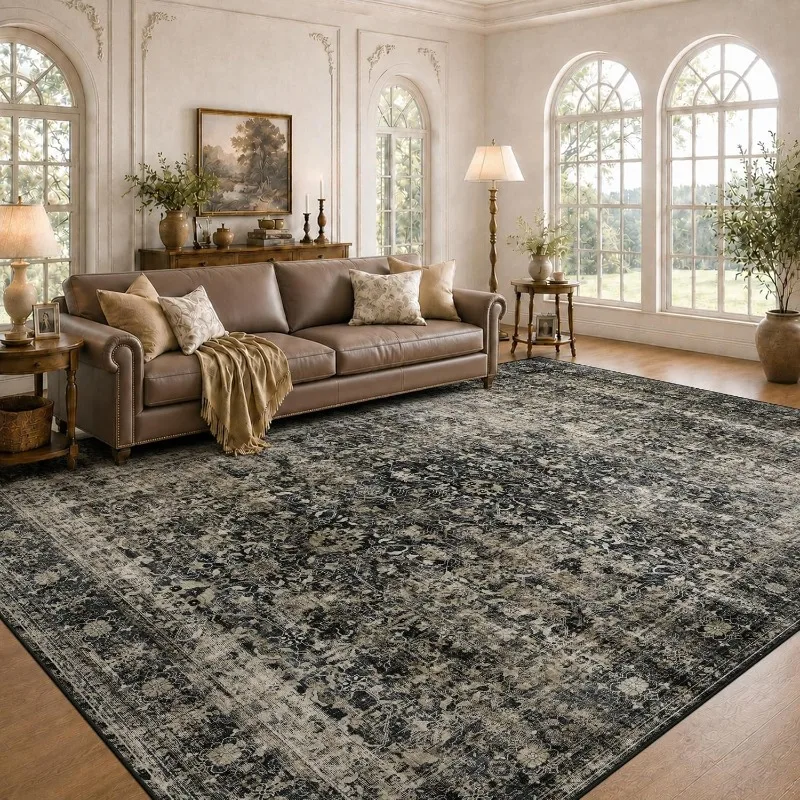 Vintage Persian Dark Green Pattern Large Rug American Mid-century Carpet Non-Slip Machine Washable Floor Mat for Living Room