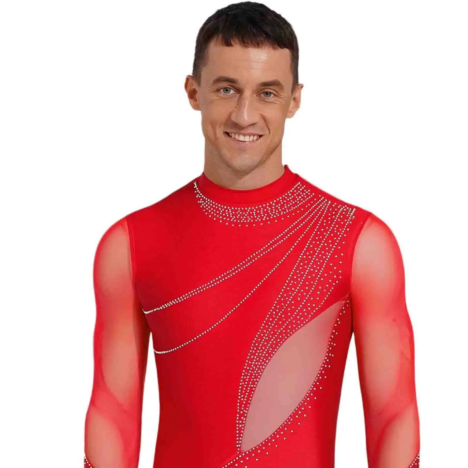 

Men's Rhinestones Stretchy Ballet Waltz Tango Dance Leotard Long Sleeve Mesh Gymnastics Ballet Figure Skating Dance Costumes