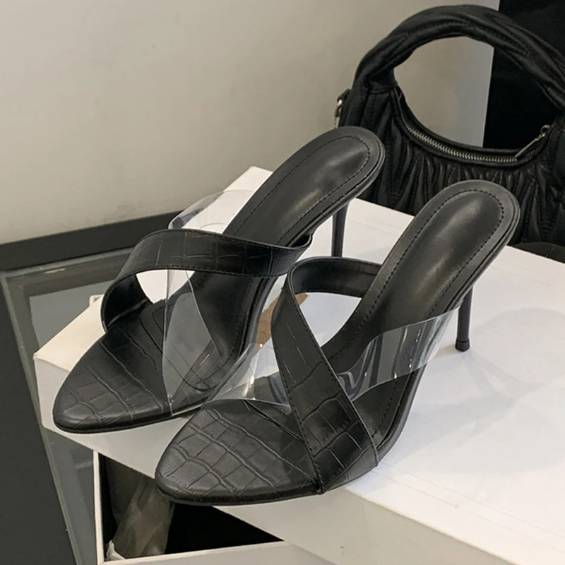 

Liyke/летние модные черные тапочки на высоком каблуке с открытым носком для женщин, кожаные женские туфли из ПВХ с узкими ремешками, вечерние модельные туфли, сандалии