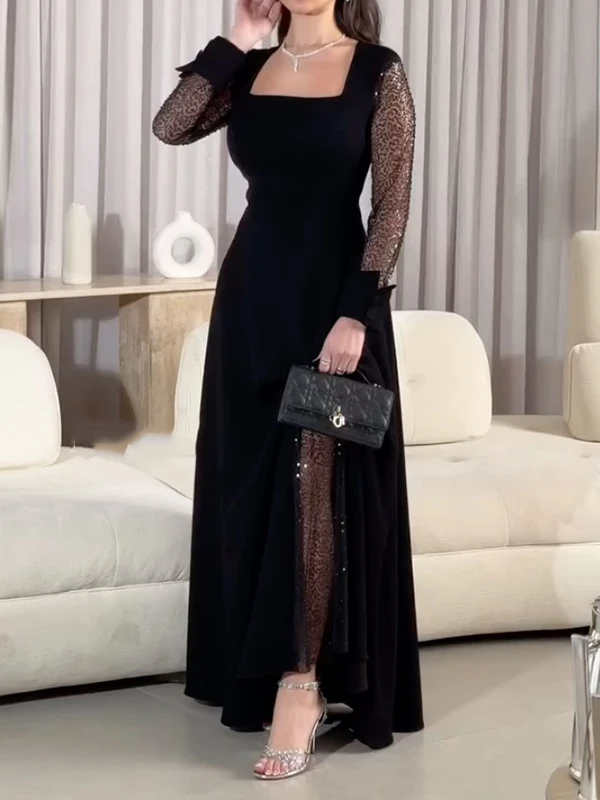 여성용 이브닝 프롬 맥시 드레스 여름 가을 2025 스퀘어넥 시스루 긴팔 연회 칵테일 파티 드레스