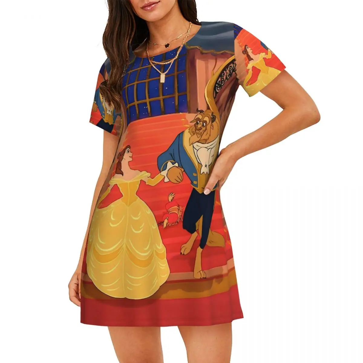 

Женская ночная рубашка с короткими рукавами «Красавица и чудовище» на заказ, женская ночная рубашка, сказочное платье, платье для сна