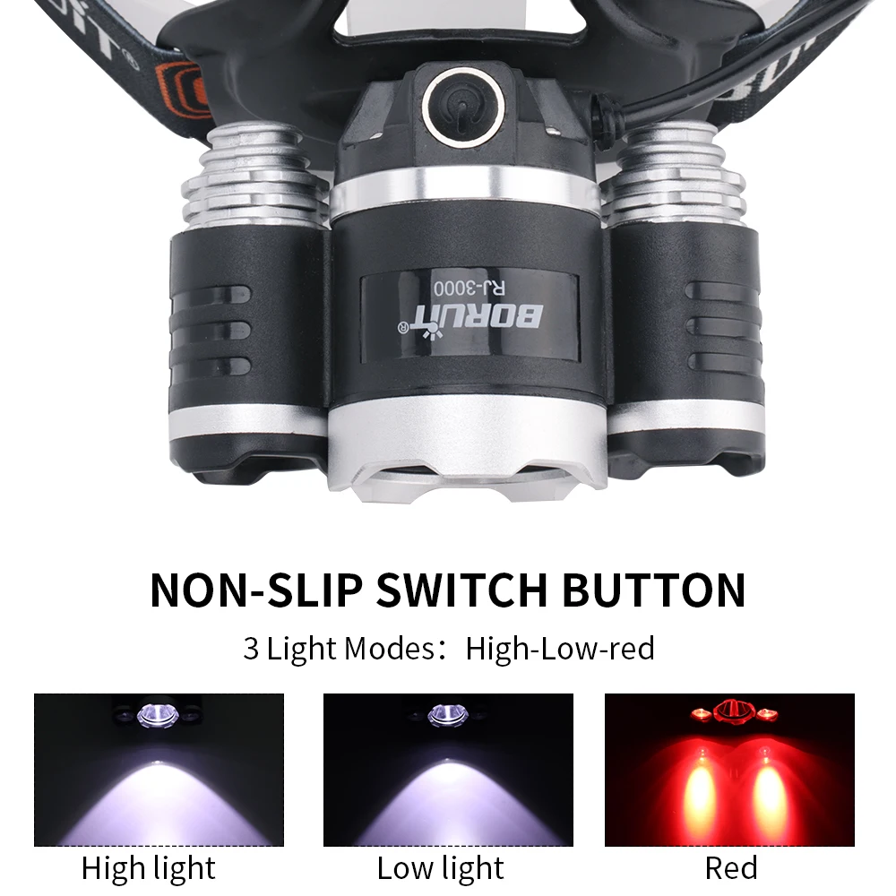 BORUiT RJ-3000 LED Headlamp 3-Modes Waterproof Headlight USB Charger 18650 Head Torch Outdoor Camping Fishing Emergency Lantern