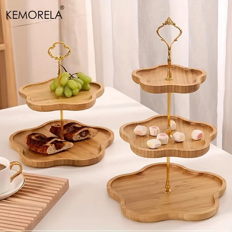 

KEMORELA Flower Style Three/ Two Layer Dried Fruit Basket Wooden Dish Fruit Basket Snack Plate Candy Dessert Cake Stand Display