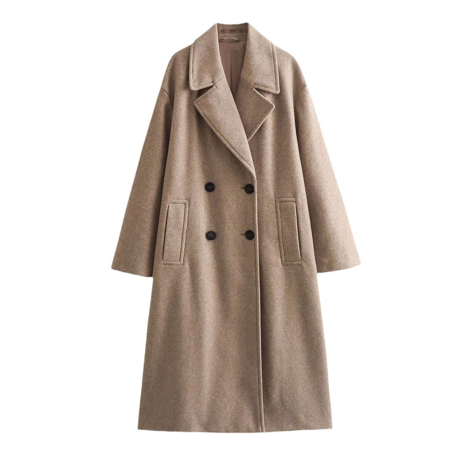 Women's Soft Medium-Length Double-Breasted Coat  Fashionable Street Style Polyester Fabric Pure Color Regular Fit