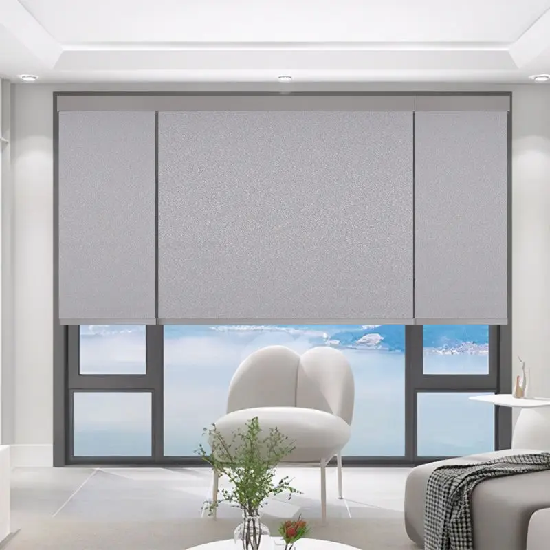 Custom Grey Cassette 100% Blackout Fabric Child Safety Free Stop Controlled By Hand Manual Cordless Roller Shades For Bedroom