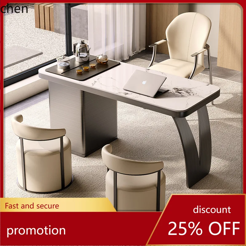 

HT Light Luxury Rock Plate Tea Table Full Stainless Steel Modern Minimalist Home Balcony Tea Brewing Kung Fu and Chairs